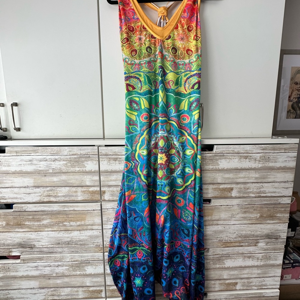 🌈 Boho Mandala Print Harem Jumpsuit Large Racerback Wide Leg